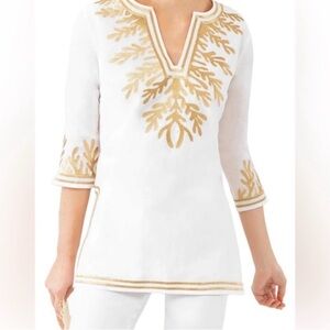 Gretchen Scott White and Gold Embroidered Women's TunicTop sz L NWOT